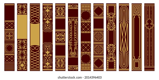 Set of Spines Books. Samples for design templates. Retro vertical frames. Vintage ornament. Golden ornament on a red background. Vector illustration.