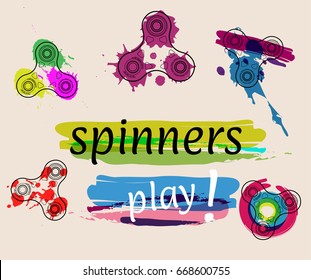 Set of spinners bright paints, hand-drawn, watercolor, blots