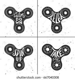 Set of spinners card with hand drawn unique typography design element for advertising, prints, decoration, posters. Relax, Calm down, Spin up, Take me. Handwritten lettering. Modern ink calligraphy.