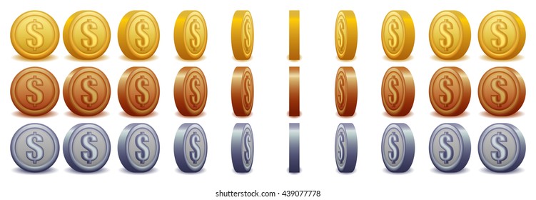 Set of spinning coins with dollar emblem for game
