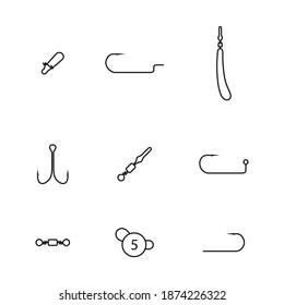 Set of spinning fishing accessories and tackles from thin lines. Various jig heads, lead sinkers, hooks, snaps hooked and swivels, vector illustration.