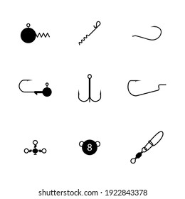 Set of spinning fishing accessories and tackles. Black silhouettes on a white background. Various jig heads, lead sinkers, hooks, snaps hooked and swivels, vector illustration.