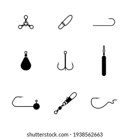 Set of spinning fishing accessories and tackles. Black silhouettes on a white background. Various jig heads, lead sinkers, hooks, snaps hooked and swivels, vector illustration.