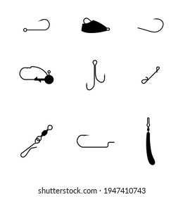 Set of spinning fishing accessories and tackles. Black silhouettes on a white background. Various jig heads, lead sinkers, hooks, snaps hooked and swivels, vector illustration.