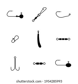 Set of spinning fishing accessories and tackles. Black silhouettes on a white background. Various jig heads, lead sinkers, hooks, snaps hooked and swivels, vector illustration.