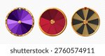 Set of spinning prize wheels with gold frame, colorful fortune roulette vector collection isolated on transparent background, casino game UI elements for lottery and lucky draw design