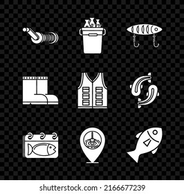 Set Spinning reel for fishing, Fishing bucket with fishes, lure, Calendar a, Location, boots and jacket icon. Vector