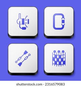 Set Spinning reel for fishing, Carabiner, Oars paddles boat and Fishing net pattern icon. White square button. Vector