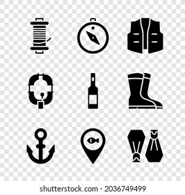 Set Spinning reel for fishing, Compass, Fishing jacket, Anchor, Location, Rubber flippers swimming, Inflatable boat and Bottle of vodka icon. Vector
