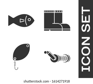 Set Spinning reel for fishing, Fish, Fishing spoon and Fishing boots icon. Vector