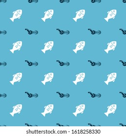 Set Spinning reel for fishing and Fish on seamless pattern. Vector