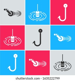 Set Spinning reel for fishing, Fishing float in water and Fishing hook icon. Vector