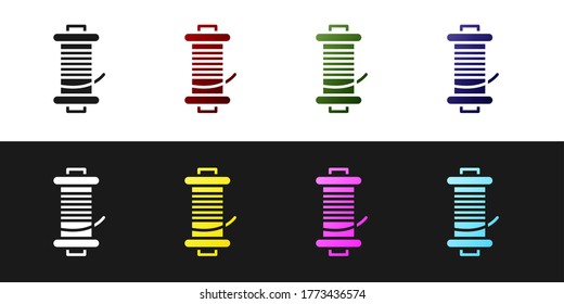 Set Spinning reel for fishing icon isolated on black and white background. Fishing coil. Fishing tackle. Vector