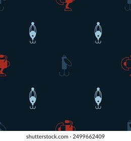 Set Spinning reel for fishing, Fishing lure and  on seamless pattern. Vector