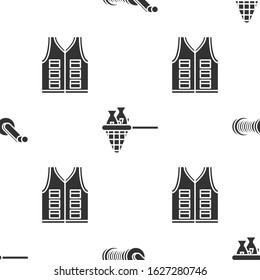 Set Spinning reel for fishing, Fishing net with fish and Fishing jacket on seamless pattern. Vector