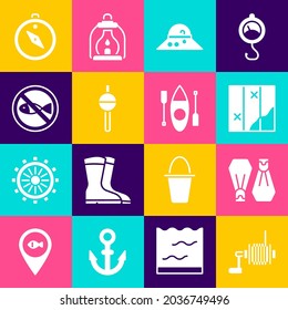 Set Spinning reel for fishing, Rubber flippers swimming, Folded map, Fisherman hat, Fishing float, No, Compass and Kayak canoe icon. Vector