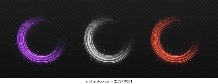 Conjunto de anillos brillantes giratorios. Un destello vuela en círculos en unos anillos luminosos. Giro reluciente abstracto.