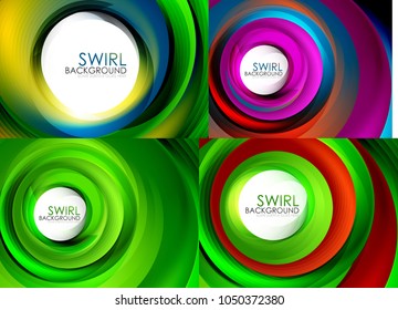 Set of spiral background vector, geometric swirl abstract templates with white copy space. Motion energy concept. Vector illustration