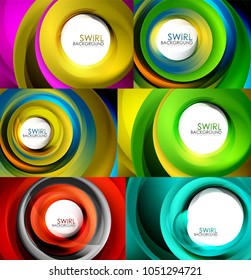 Set of spiral background vector, geometric swirl abstract templates with white copy space. Motion energy concept. Vector illustration