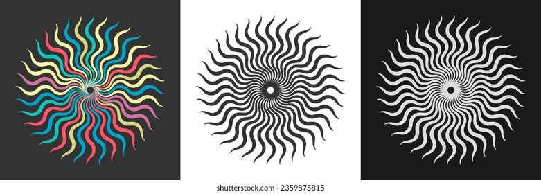 A set of spiral circular patterns. Twisted tortuous rays. Template for creative design