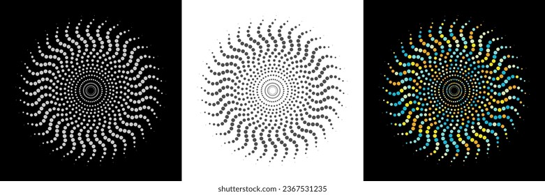 A set of spiral circular patterns. Twisted tortuous rays of dots. Template for creative design

