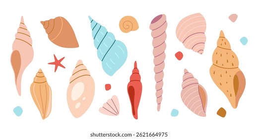 Set of spiral cone shaped seashells. Marine collection for beach themes and nautical decor. Trendy modern isolated vector illustration, hand drawn, flat design