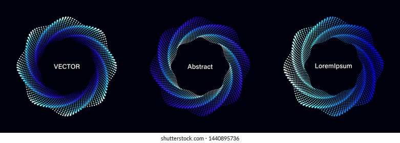 Set of Spiral Dotted Graphic Elements in Blue Tones. Geometric Vector Frames on Black Background.