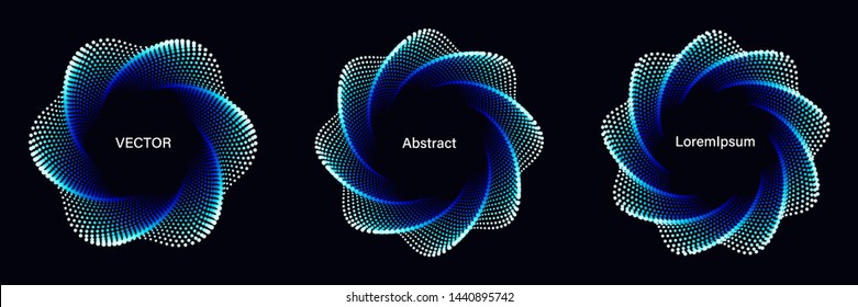 Set of Spiral Dotted Graphic Elements in Blue Tones. Geometric Vector Frames on Black Background.