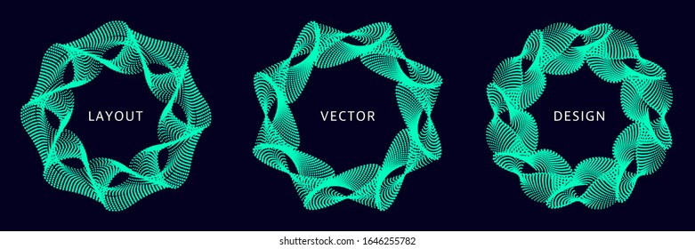 Conjunto de elementos gráficos punteados en espiral sobre fondo oscuro. Marcos de vectores geométricos.