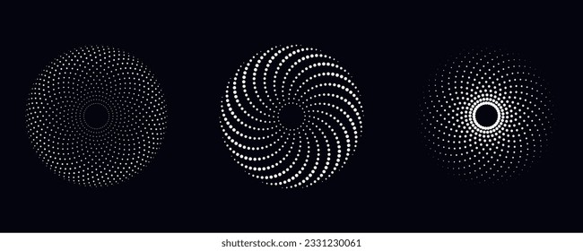 Set of Spiral Dotted Graphic Elements in White Tone. Vector Geometric Frame on Black Background.