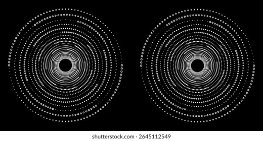 Set of Spiral Dotted Graphic Elements in Red Tones. Geometric Vector Frames on Black Background.