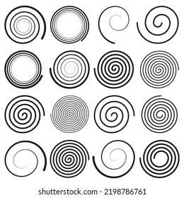 Set of spiral elements. Spiral icon set. Swirl, helix, gyre, curl, loop symbol. Flat design. Vector illustration