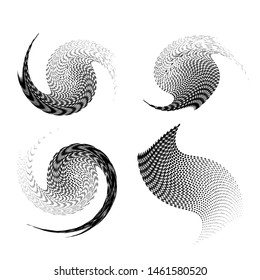 Satz von Spiralelementen auf weißem Hintergrund. Silhouettensymbol. Geometrische hypnotische Logo-Illustration, abstrakter Vektorgrafik