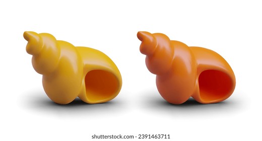 Set of spiral empty seashells. Yellow and orange shell of sea snail. Realistic color illustrations for aquarium business. Images for scuba diving sites