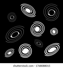Set of spiral galaxies in black and white in hand drawn style. vector
