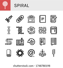 Set of spiral icons. Such as Lollipop, Dna, Genes, Candy shop, Notebook, Notepad, Genetics, Shell, Gummy bear, Gummy, Nautilus, Roll, Black hole, Mosquito coil , spiral icons