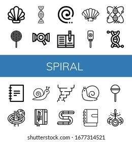 Set of spiral icons. Such as Shell, Lollipop, Dna, Mosquito coil, Notebook, Genomics, Genetics, Black hole, Snail, Hurricane, Gummy, Hypnosis , spiral icons