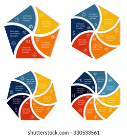 Set of spiral infographic diagrams with triangular parts. Circular connected charts with 5, 6, 7, 8 options. Progress steps for tutorial. Business concept sequence banners, process layouts. EPS10.