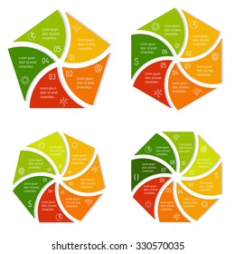 Set of spiral infographic diagrams with triangular parts. Circular connected charts with 5, 6, 7, 8 options. Progress steps for tutorial. Business concept sequence banners, process layouts. EPS10.