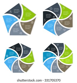 Set of spiral infographic diagrams with triangular parts. Circular connected charts with 5, 6, 7, 8 options. Progress steps for tutorial. Business concept sequence banners, process layouts. EPS10.