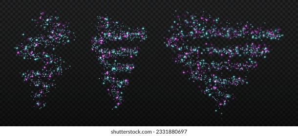 Set of spiral lights on copy space. Magic and sorcery. Design elements for greeting postcards. Holidays and festivals. Isometric vector collection isolated on transparent background