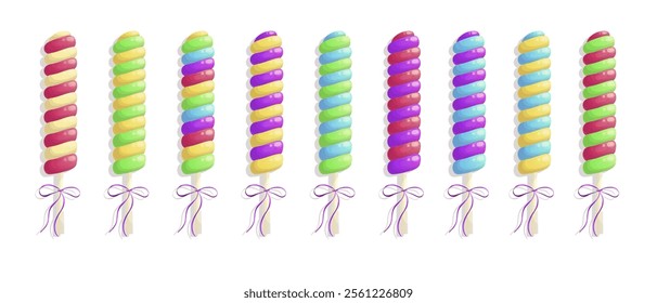 A set of spiral marshmallows on a stick. A twisted candy with colored stripes. Vector illustration on a white background for a poster, banner, postcard, advertisement.