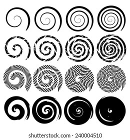 Set of spiral motion elements, black isolated objects, different brush texture, vector illustrations