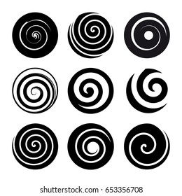 Set of spiral motion elements. Black isolated objects, different brush textures, vector illustrations.