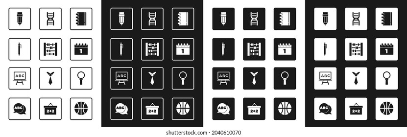 Set Spiral notebook, Abacus, Pen, Pencil with eraser, Calendar first september date, DNA symbol, Magnifying glass and Chalkboard icon. Vector