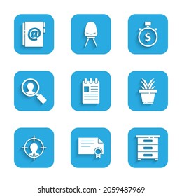 Set Spiral notebook, Certificate template, Drawer with documents, Plant in pot, Head hunting concept, Magnifying glass for search people, Time is money and Address icon. Vector