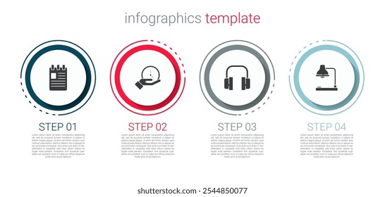 Set Spiral notebook, Clock, Headphones and Table lamp. Business infographic template. Vector