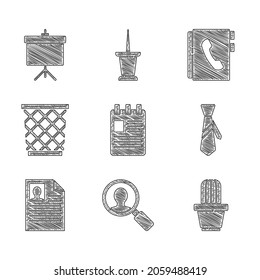 Set Spiral notebook, Magnifying glass for search people, Cactus and succulent pot, Tie, Resume, Trash can, Address and Chalkboard with diagram icon. Vector