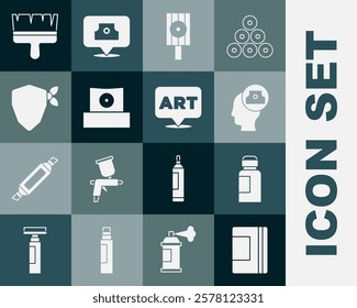 Set Spiral notebook, Paint, gouache, jar, dye, Spray can nozzle cap, Vandal, brush and Speech bubble with text art icon. Vector