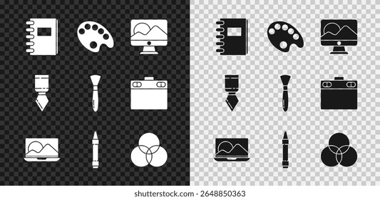 Set Spiral notebook, Palette, Computer monitor screen, Laptop, Wax crayons for drawing, RGB and CMYK color mixing, knife and Paint brush icon. Vector